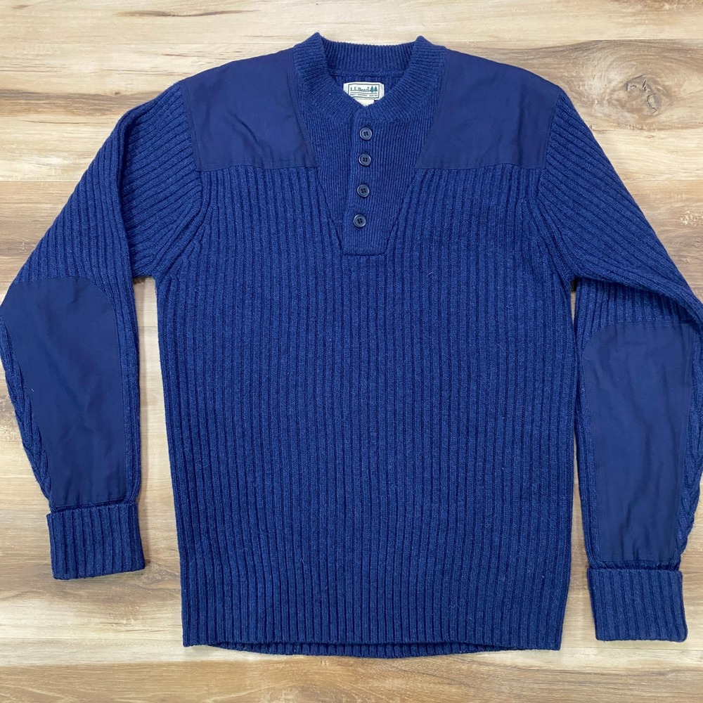 LL Bean Commando Sweater Medium Merino Lambswool Henley Ribbed Blue 228198